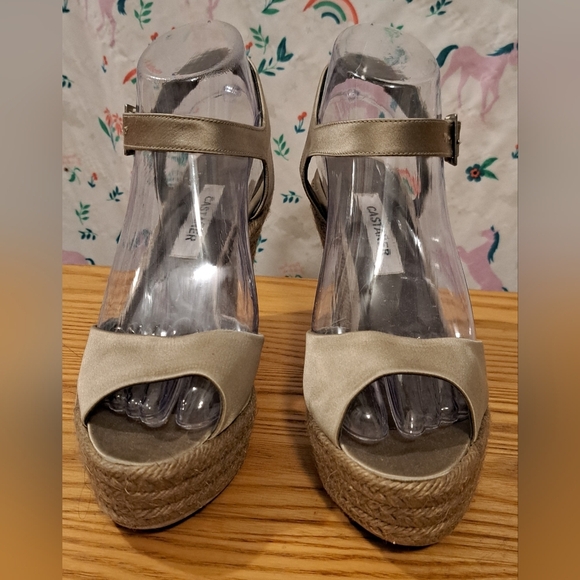 Castaner Metallic Gold Silk & Jute Wedge Boho Neutral Peep Toe Heel Shoe SZ 38 - Picture 2 of 9